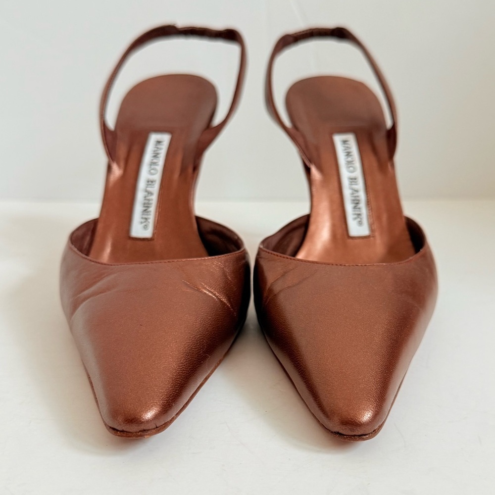 Manolo Blahnik Retro Metallic Bronze Brown Carolyne 70mm slingback pumps EU 37.5 - Picture 6 of 10